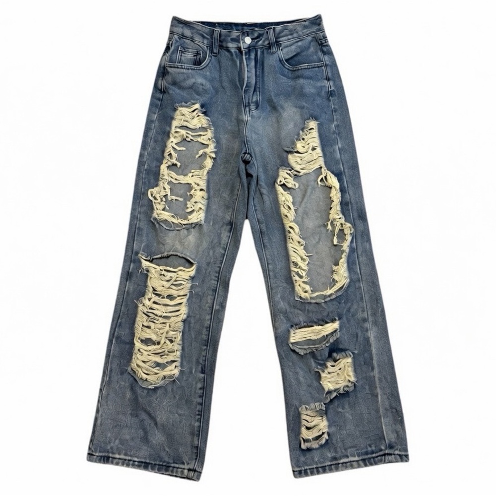 SHEIN Blue Distressed Straight Leg Jeans